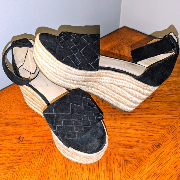 MARC FISHER VARIN Espadrille Wedge Platform Black Leather Suede Sandals  Sz 8M - Picture 2 of 14